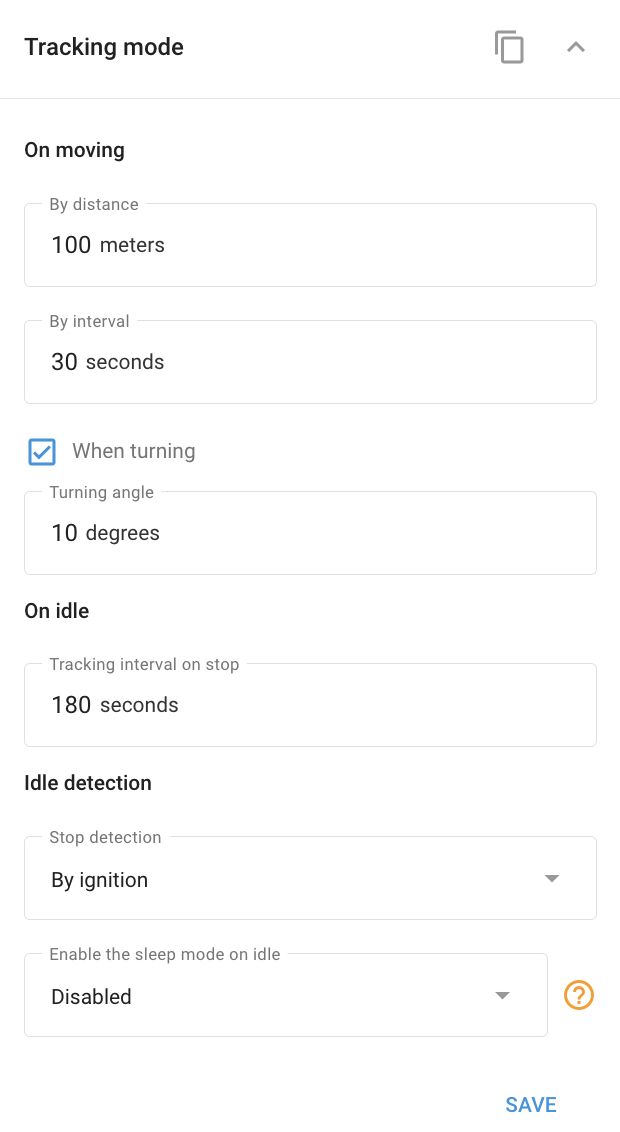 Tracking mode settings widget example